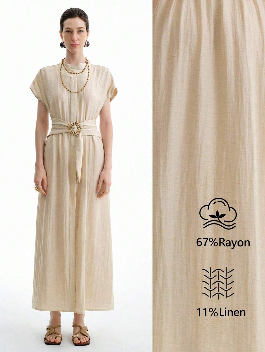 Aalyst 女士亚麻杏仁色金属扣腰短袖衬衫裙，简约长裙 - 杏色 - 查看 1