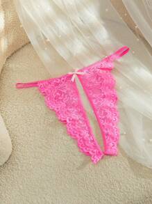 SpicyHot Solid Color Lace Bow Decor Sexy Open Crotch Panties - Hot Pink - View 8