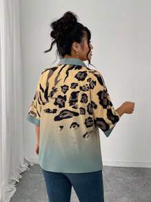 Elenzga 大码女式豹纹短袖前开休闲衬衫，春夏