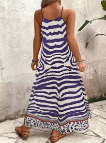 Breezaya 大码女式豹纹宽松吊带长裙，夏季 - 紫色 - 查看 2