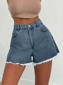 EURMUSE 100%纯棉女款浅蓝色石洗磨边牛仔短裤 - 藍色 - 查看 6