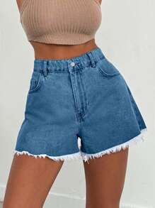 EURMUSE 100%纯棉女款浅蓝色石洗磨边牛仔短裤