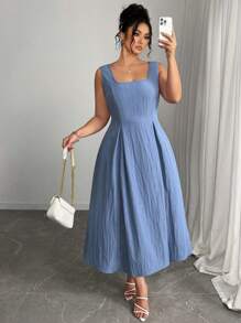 Elenzga Plus Size Women Square Neck A-Line Cinched Waist Elegant Dress, Bow, Birthday, Summer, Romantic, Graduation, Wedding Guest