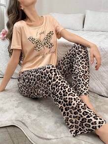 女士休闲蝴蝶豹纹短袖上衣和长裤睡衣套装豹纹睡衣套装豹纹睡衣套装动物印花睡衣女式睡衣套装圆领两件套睡衣套装女式 - 彩色 - 查看 1