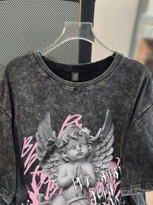 Flirla 大码休闲街头风格唇印圆领 T 恤，100% 纯棉 - 黑色 - 查看 4