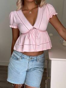 SHEIN EZwear 女士休闲简约纯色V领短袖T恤，腰部收紧设计，适合外出穿着，娃娃衫款式 - 粉色 - 查看 3