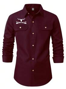 Manfinity Nomadique 男士长袖西部牛仔风格衬衫 男士西部衬衫 勃艮第男士衬衫 牛仔男士衬衫 栗色男士衬衫 男士西部衬衫 - 酒紅色 - 查看 3