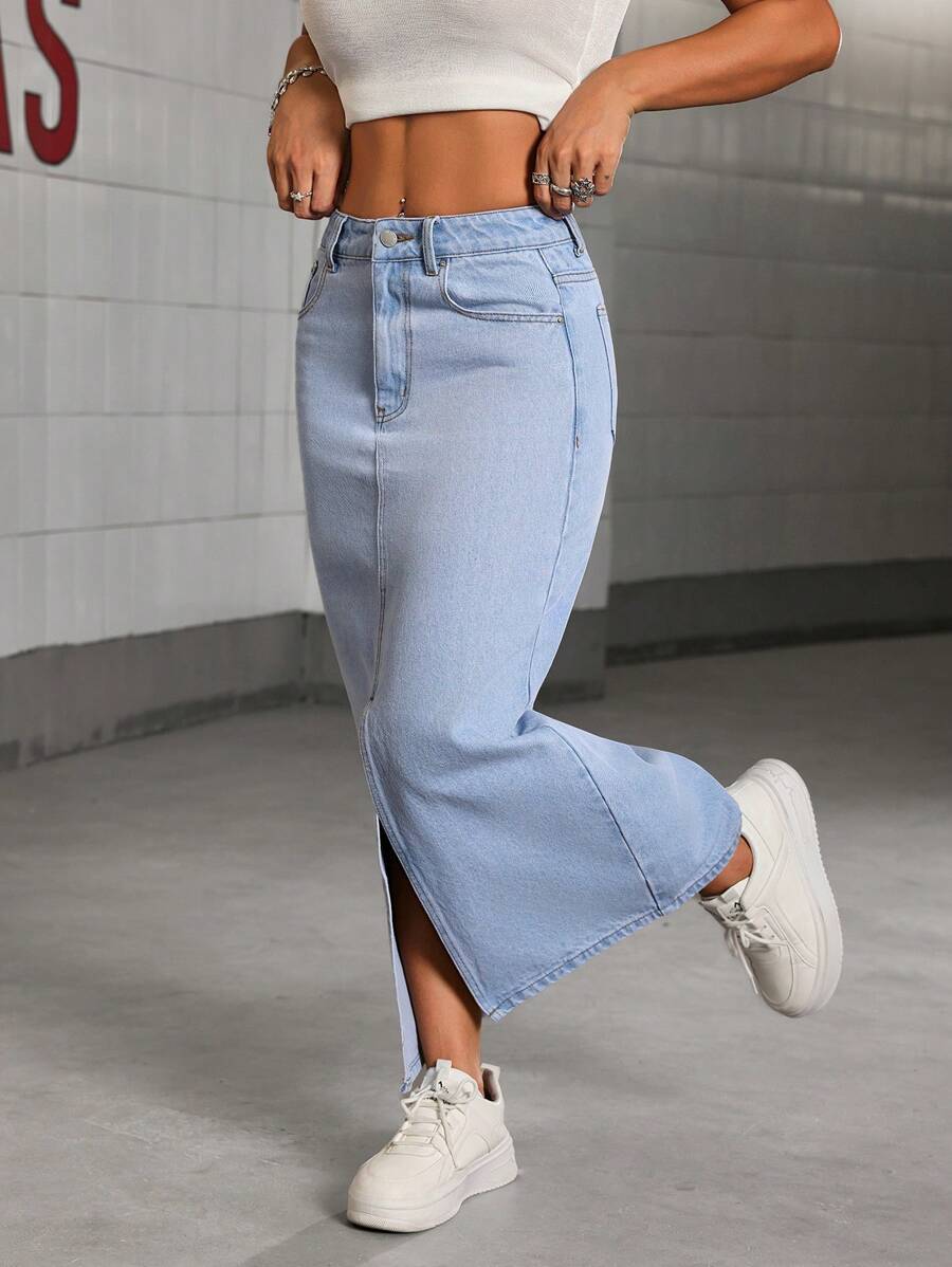 SHEIN PETITE 女士休闲时尚简约下摆开衩牛仔 A 字裙，日常穿着 - 藍色 - 查看 1