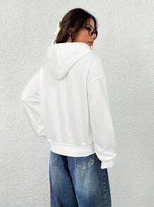 SHEIN EZwear 女式休闲白色前拉链长袖连帽运动衫，带口袋，秋冬款 - 白色 - 查看 2