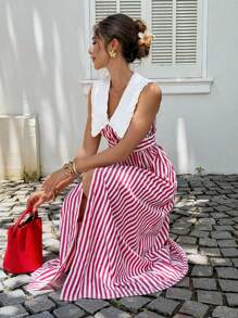 Serisse 复古连衣裙！女士优雅红白条纹无袖长裙 - 2025年秋季最新款教师装 | A字腰长裙，度假、约会、下午茶、通勤和日常穿着的完美之选 | 条纹太阳裙，女士秋季必备单品，返校和机场装扮 | 复古风，端庄大方 | 秋季女装，秋装 - 紅白色 - 查看 7