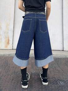 Manfinity EMRG 男士休闲街头风格卷边阔腿牛仔短裤 - 深色水洗藍 - 查看 2