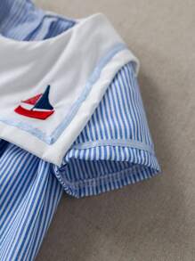 PrepCrw Baby Boy Collegiate Style Colorblock Sailor Collar Shortall - Blue and White - View 5