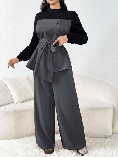 Mulvari 2pcs Color Block Patchwork Asymmetric Hem Casual & Commuting Outfits 2 Pieces Set