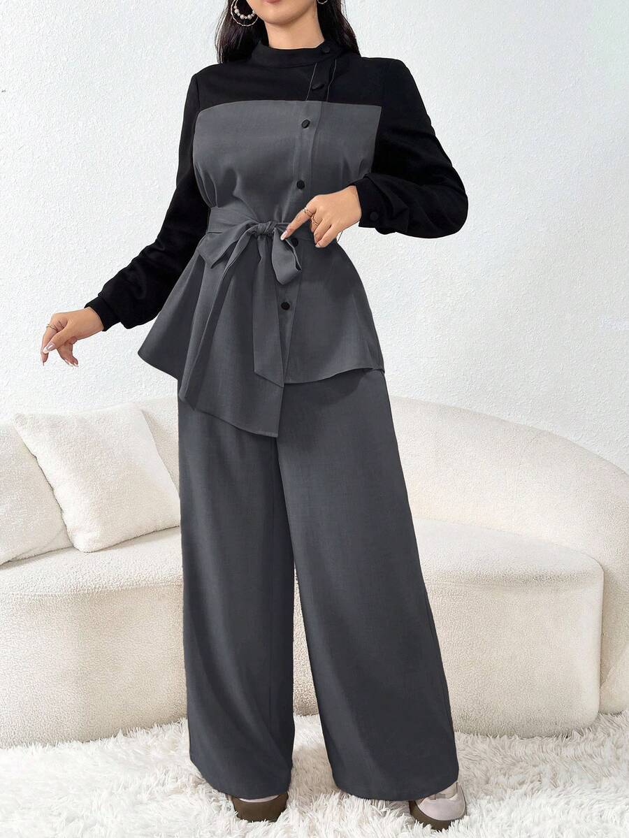 Mulvari 2 件套拼色不对称下摆休闲通勤装 2 件套 - 深灰色 - 查看 1