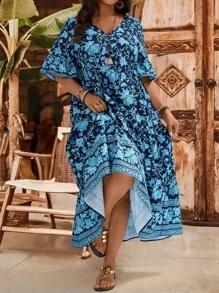 EMERY ROSE Plus Size Women's Floral Print V-Neck Tiered Ruffle Sleeve Long Maxi Dress, Summer Holiday Style Floral Maxi Dress Plus Size Floral Maxi Dress Summer Dresses For Women,Flowy Dress Plus Size Blue Floral Dress Plus Size Boho Dress Plus Size Summer Dress Plus Size Vacation Dress