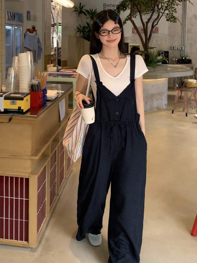 Women's Solid Color Casual Versatile Jumpsuit With Suspenders Jumpsuit