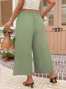 SHEIN EZwear Plus Size Mint Green Casual Loose Straight Leg Cropped Pants,Business Casual Woman, Split Hem Pants, High Waisted Pants, Wide Leg Pants, Summer Pants