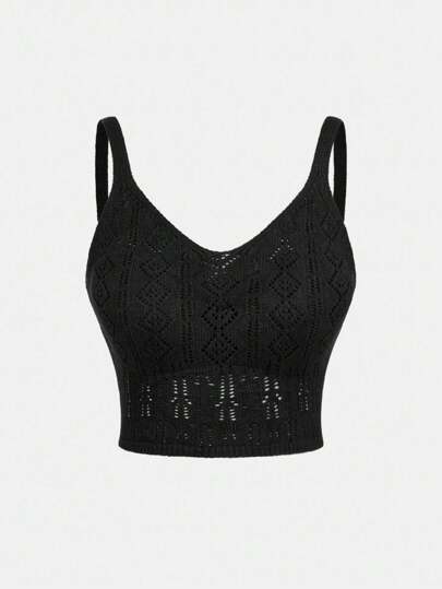 SHEIN Girlism Teen Girls Black Knit Hollow Out Spaghetti Strap Snug Fit Crop Top, Suitable For Beach Holiday