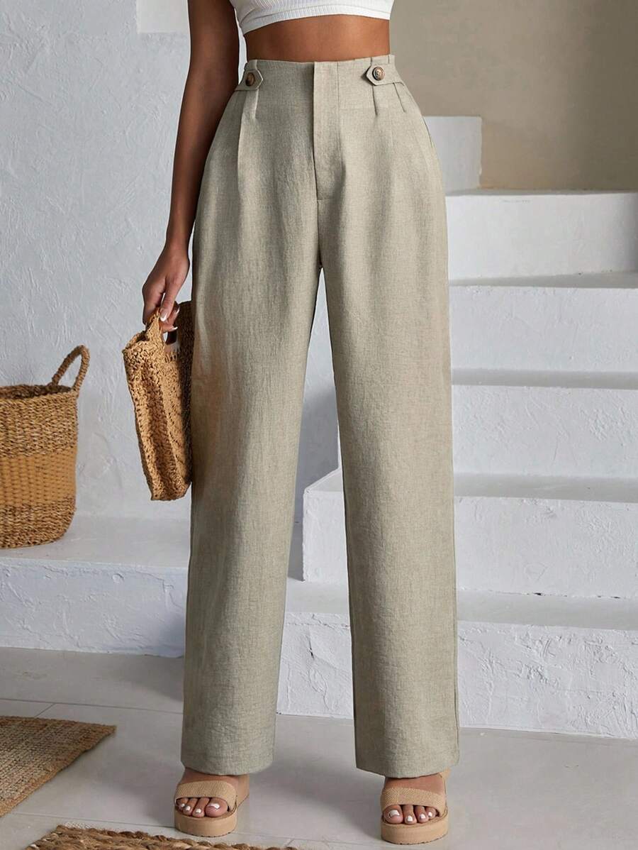 SHEIN Cottnline Women Front Two Sided Button Detailed Linen Pants - Apricot - View 1