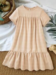 SHEIN Vintaside Kids Tween Girl Textured Fabric Comfortable Casual Loose Vacation Dress,Holiday Summer Travel - Coffee - View 9