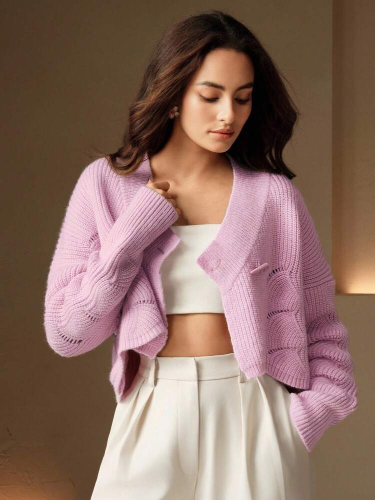 Women's Solid Color Drop Shoulder Long Sleeve Hollow Design Loose Knit Cardigan, Suitable For Daily Wear, Autumn/Winter