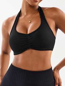 Easithlete 无缝瑜伽双层运动吊带背心/工字背心/前褶/后背交叉/可拆卸罩杯/健身/跑步/跳跃/瑜伽 - 黑色 - 查看 3