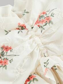 SHEIN MOD Áo kiểu cỡ lớn màu xanh trắng thêu họa tiết, viền bèo nhún, thích hợp cho kỳ nghỉ lãng mạn. - Màu Hồng  San hô - Xem 3