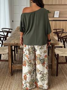 SHEIN PETITE CURVE Plus Size Asymmetrical Collar Solid Shirt And Floral Print Pants 2 Pieces Set