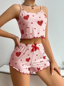 SHEIN Casual Underwear&Sleepwear 女士心形印花荷叶边吊带上衣和短裤睡衣套装女士两件套睡衣套装两件套短裤套装女士夏季休闲套装女士女士心形印花睡衣套装女士可爱睡衣套装 - 粉色 - 查看 5