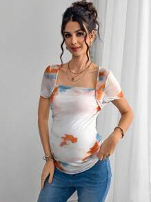 Momance Camiseta de maternidad de manga corta con cuello cuadrado, impresión digital y doble capa con plisado en el busto - Multicolor - Ver 4