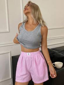 DAZY Conjunto de pijama informal de chaleco de punto acanalado de unicolor y pantalones cortos acanalados - Gris - Ver 4