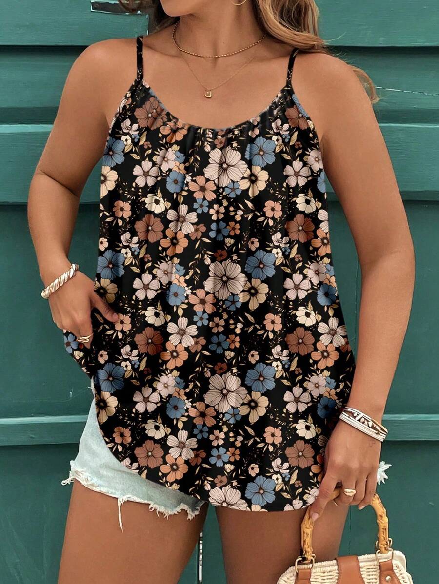 SHEIN CURVE+ Plus Size Women Casual Floral Print Cami Tank Top For Summer