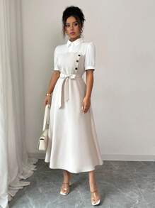 Elenzga 优雅浪漫度假通勤商务拼色衬衫领中长款女装 - 杏色 - 查看 3