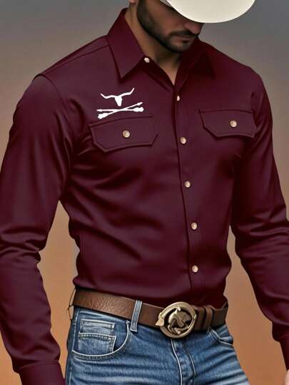 Manfinity Nomadique 男士长袖西部牛仔风格衬衫 男士西部衬衫 勃艮第男士衬衫 牛仔男士衬衫 栗色男士衬衫 男士西部衬衫