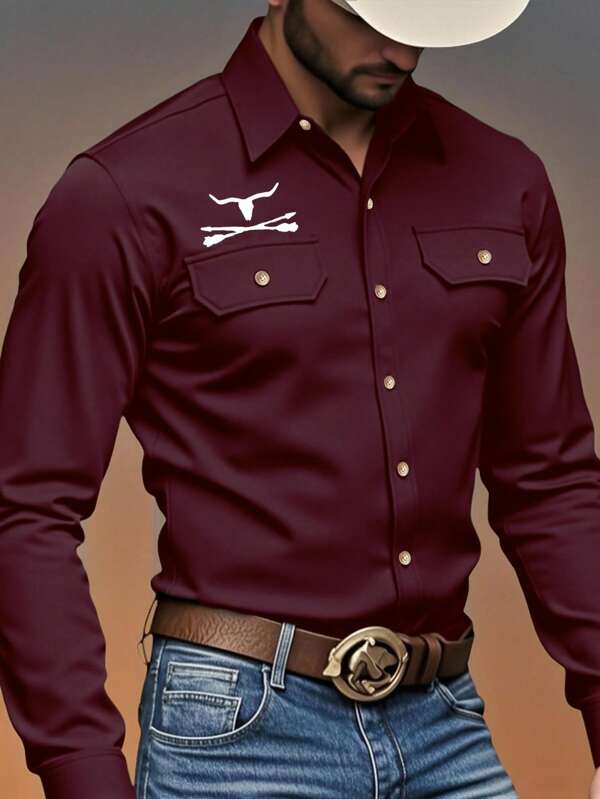 Manfinity Nomadique Camisa de manga larga estilo vaquero occidental para hombres, camisa vaquera para hombres en color burdeos