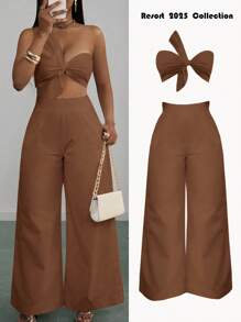 Zivah New Spring And Summer Casual And Elegant Vacation One-Shoulder Chest Knotted Strap Design Back Cropped Top + Wide-Leg Super Trousers White Woven Women's Two Pieces Set-A - Brown - View 7