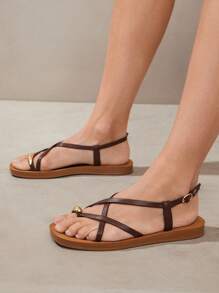 SHUZIA Women's Comfort Sandal Thin Strap Upper With Gold Toe Ring - Chocolate Brown - View 2