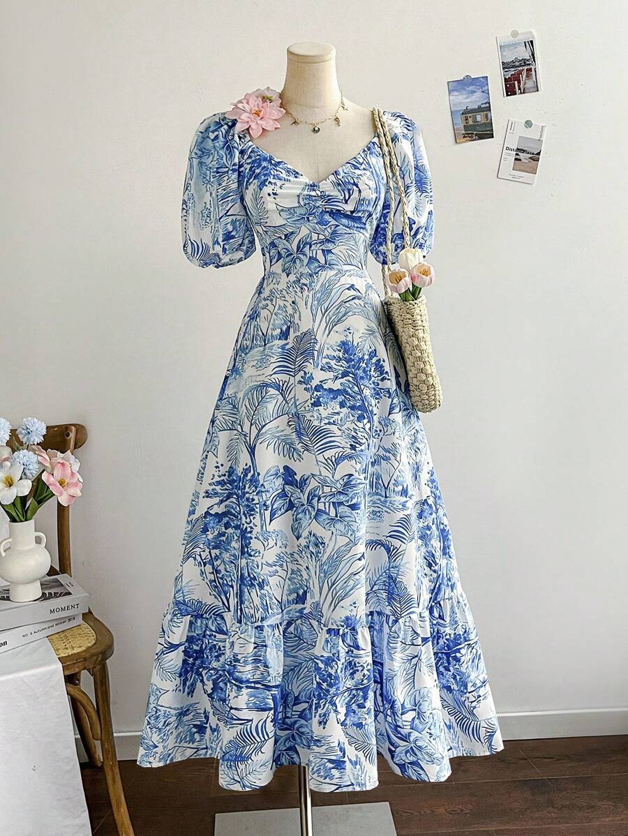 Soleia 女士度假花卉印花泡泡袖荷叶边下摆浪漫婚礼/毕业/返校派对可爱休闲单身派对复古夏季橙色热带印花长裙 - 藍白色 - 查看 1