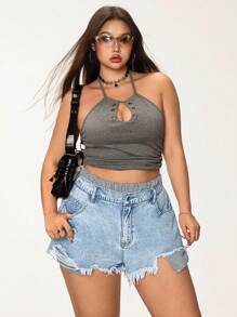 SHEIN EZwear 夏季时尚休闲百搭条纹松紧腰短裤 - 淺色水洗藍 - 查看 4