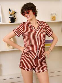 Chillnights Bộ đồ ngủ quần short tay ngắn kẻ sọc cho nữ - Đỏ - Xem 4