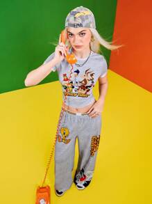 LOONEY TUNES X SHEIN 2pcs/Set Women Letter & Cartoon Graphic Short Sleeve Crop Top And Elastic Waist Wide Leg Pants - Grey - View 5