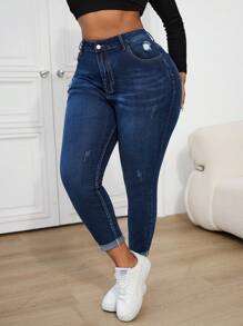 Firerie Plus Size Distressed Skinny Stretch Denim Jeans, Blue, Fall Women Clothes - Blue - View 5