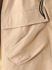 SHEIN 青少年女孩休闲街头服饰时尚法式优雅英伦学院风字母刺绣贴片宽松落肩长袖连帽撞色拉链抽绳腰部大口袋长款羽绒服夹克风衣 - 卡其色 - 查看 6