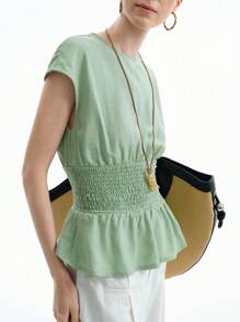 Aalyst Women's Casual Round Neck Waisted Solid Color Versatile Bat-Wing Short Sleeve Blouse, Spring/Summer