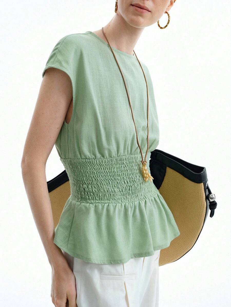 Aalyst Women's Casual Round Neck Waisted Solid Color Versatile Bat-Wing Short Sleeve Blouse, Spring/Summer