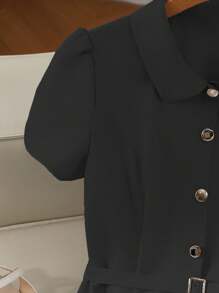 Franclia 女士纯色短袖单排扣优雅职业衬衫裙夏季连衣裙大学校园装 - 黑色 - 查看 2