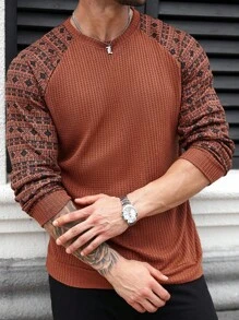Manfinity Homme Plus Size Men's Casual Numeric & Letter Print Round Neck Short Sleeve T-Shirt, Men's Graphic Sweaters Brown And Orange, Men's Textured Long Sleeves, Fall Men's Tops Long Sleeve Coffee Brown, Mens Clothes Long Sleeve - Coffee Brown - View 5