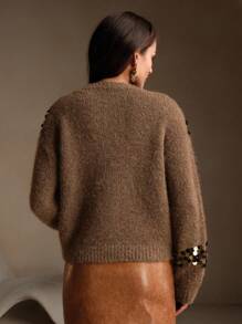 Anewsta Áo len cổ tròn thêu sequin thời trang cao cấp kiểu Pháp cổ điển, thu/đông - Màu nâu  Mocha - Xem 3