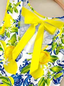 Veykashi 大码女装节日复古假日风格法式夏季清新可爱柠檬图案印花系带无袖休闲连衣裙 - 黃色 - 查看 6