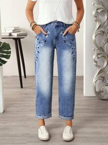 SHEIN LUNE Jeans casuales y versátiles con bolsillo bordado con flores para mujeres - Azul - Ver 5